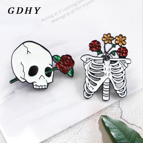 GDHY Gothic Skull Sternum Skeleton Human Skeleton Brooch Skull Roses Flower Exaggerated Artist Denim Clothing Backpack Jewelry