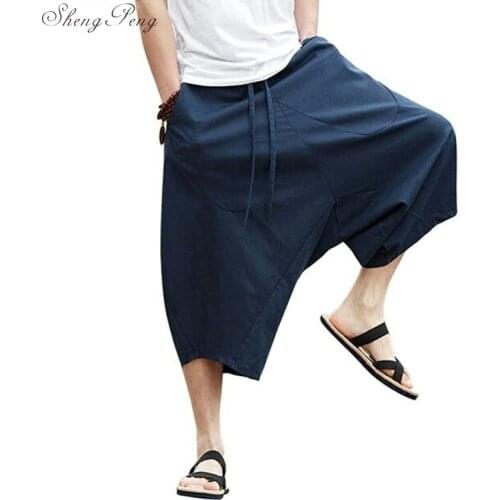 Chinese style linen pants men off linen pants mens wide leg cropped solid color mens linen kung fu pants Q039
