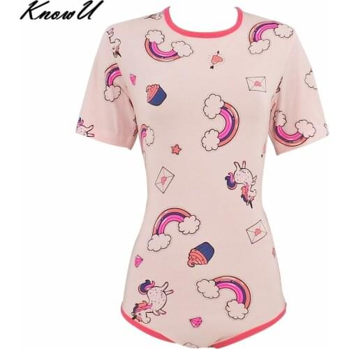 KnowU ABDL Adult Baby Onesies Cute Cartoon Printed Short-sleeved Large Size Onesie Snap Crotch DDLG Romper Large Size
