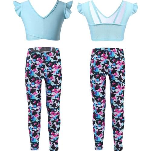 Summer Girls Running Gym Yoga Set Dance Outfits Activewear V Neck Sport Tops Low-waist Leggings Pants Workout Childrens Clothes