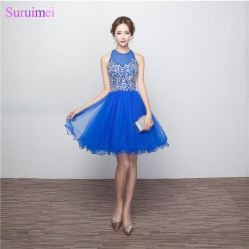 Short Beaded Prom Dresses Knee Length High Quality Tulle Backless Key Hole Royal Blue Girls Prom Gown