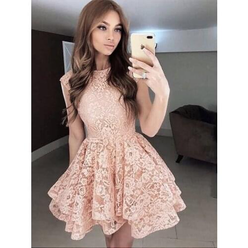 Short Prom Dress A-Line Scoop Above Knee, Mini Lace Cocktail Evening Gowns With Tiered