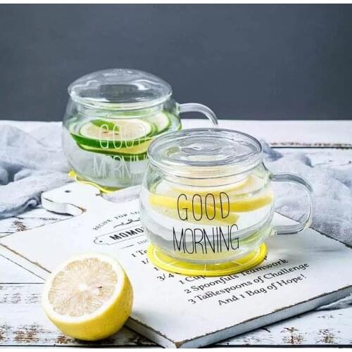 360ml Good Morning Mug Transparent Glass Coffee Mug With Glass Cover Breakfast Cup Juice Tea Milk Cup Heat-resistant Drinkware