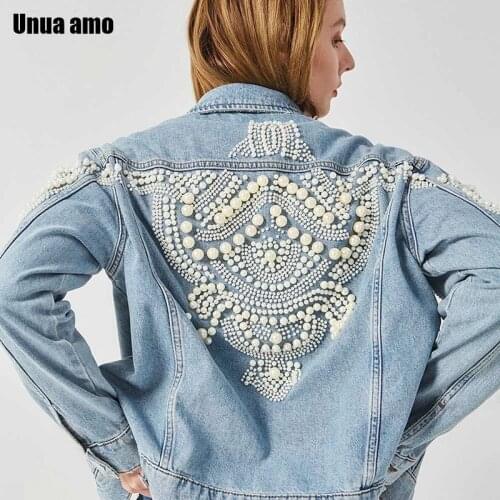 Unua amo New Vintage Handmade Pearl Embroidery Jean Jackets Women Boho Coat Fashion Loose Wild High Street Blue Denim Jacket