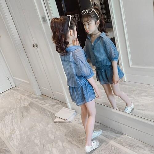 Girls Summer Lovely Striped Chiffon Clothing 3 Pcs Set Childrens Sun-Protective Thin Clothes Kids Tops + Camisole + Shorts X391