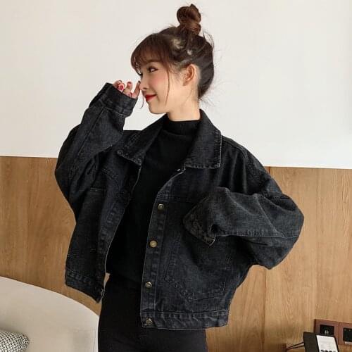 Fashion Retro Cropped Oversized Denim Jacket Women Clothing Autumn Winter Black Korean Loose Button Up Coats Harajuku Streetwear