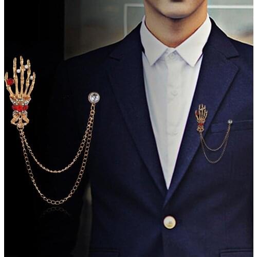 Fashion Gold Silver Hand Bone Metal Brooch Gothic Skeleton Rhinestone Link Badge Pin Charm Trendy Jewelry Accessories Gift