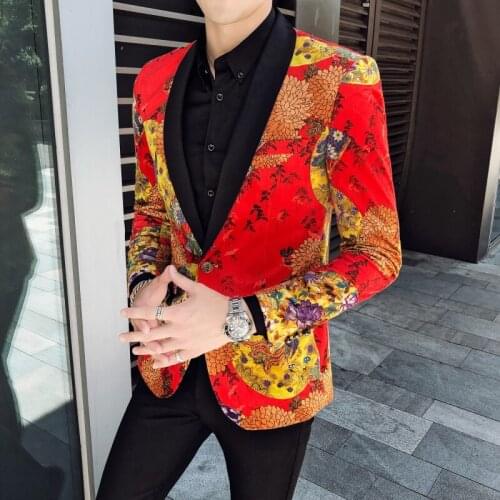 Fashion Men Floral Printing Blazer Slim Party Single Breasted Suit Jacket Long Sleeve Coat.Stage Suit Jacket Wedding Mens Blazer