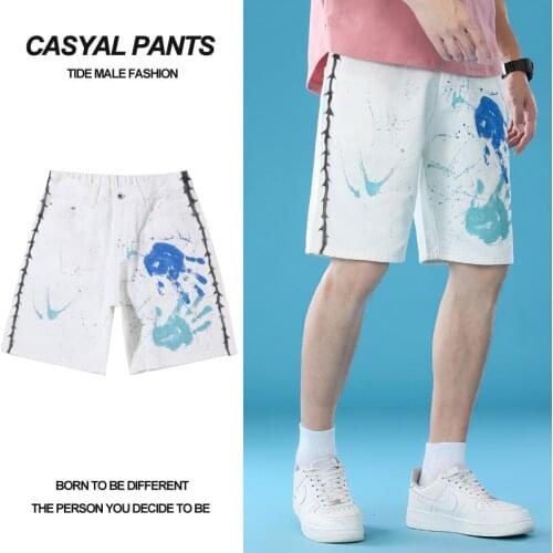 2021 summer mens loose casual denim shorts trendy fashion brand five-point pants hand-painted printing straight thin shorts