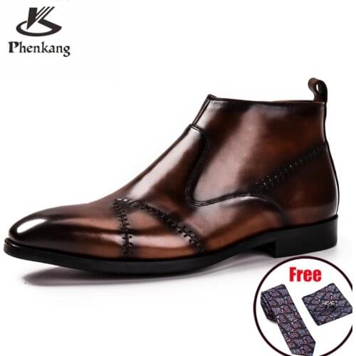 Men winter Boots Genuine cow leather chelsea boots brogue casual ankle flat shoes Comfortable quality slipon dress boots 2020