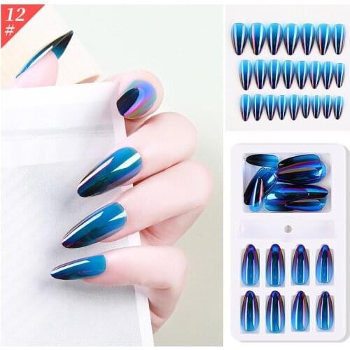24pcs Removable False Nails with Jelly Sticker Set Gradient Aurora Stiletto Nail Art Tips Decoration Pointed DIY Manicure Tools