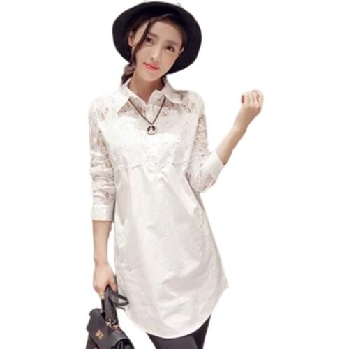 2020 Summer New White Lace Women Blouse And Shirts Long Hollow Out Sexy Slim Office Lady Shirts Plus Size Outwear Coat Tops