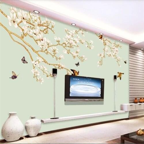 Custom wallpaper 3d papel de parede hand painted magnolia bird retro chinese tv background wall living room bedroom mural обои