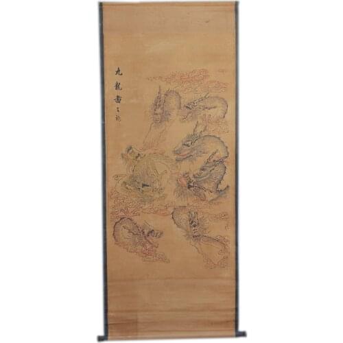 Rare Hand-painted QingDyansty Chinese vertical axis paintings,nine Dragons,hand drawn, free shipping