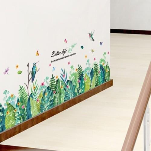 [shijuekongjian] Plant Leaves Wall Sticker DIY Green Grass Birds Wall Decor Decals for Living Room Kids Bedroom House Decoration