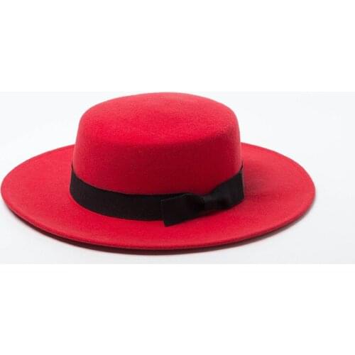 King Wheat Winter Simple Stage Show Wide Big Brim Bow Wool Flat Formal Women Fedora Felt Cap Ladies Fashion Outdoor Top Hat