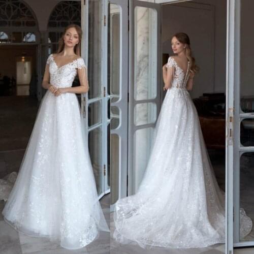 2020 A Line Wedding Dresses V Neck Capped Sleeves Lace Appliques Bridal Gowns Custom Made Button Back Sweep Train Wedding Dress