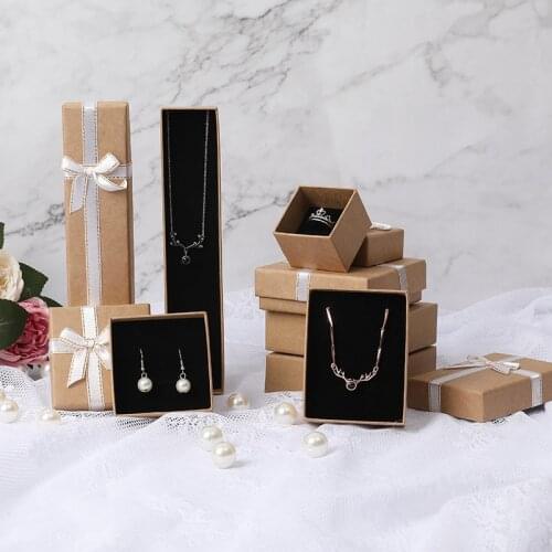 1pcs Vintage Kraftpaper Bow Jewelry Box and Packaging Necklace Bracelet Ring Earring Holder Organizer Gift Boxes for Jewellery