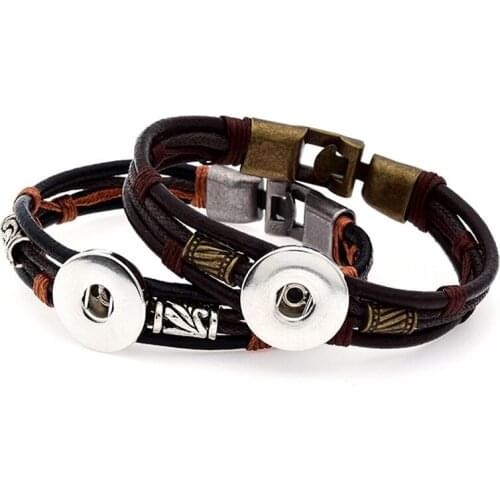 Vintage Multi-Layer Leather Bracelet Brown Hook Clasp Bangle DIY Jewelry Making Fit 18mm Ginger Snap Silver Tone Baubles Charm