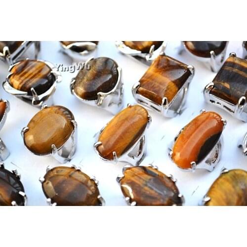 Yingwu 10pcs Silver Vintage Men Women Oval Round Tiger Eyes Brown Stones Symbol Ring Jewelry Mens Accessories Anel Aneis
