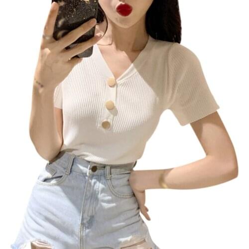 Womens V Neck T-Shirt Solid Slim Knitted Short Sleeves Summer Koreab Style Tee Shirt Tops
