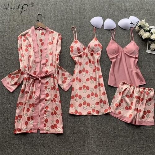 Women Casual Floral Print Silk Pyjamas 4 Pieces Sets Sexy female Satin Pajama Summer Pijama Mujer Sleepwear for Women Chest Pads