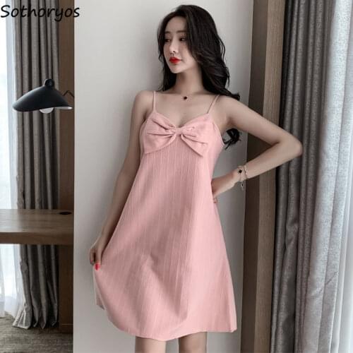 Women Solid Sleepshirts Spaghetti Strap Bow Candy Color Sexy Cozy Nightgowns Trendy Knee Length Teenagers Females Lounge Popular