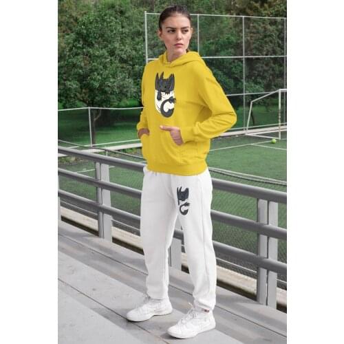 Angemiel Wear Baby Dragon Women Tracksuit Set Yellow Hooded Sweatshirt White Sweatpants