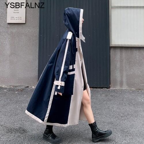 2021 Womens Trench Coat Hooded Double-Breasted Oversize Patchwork Ladies Windbreaker Belt Spring Autumn Outerwear Female Clothes