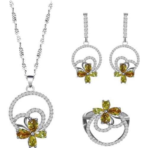 ROLILASON big sale yellow cubic zircon silver color jewelry ring earring necklace set women anniversary/wedding/party JS857