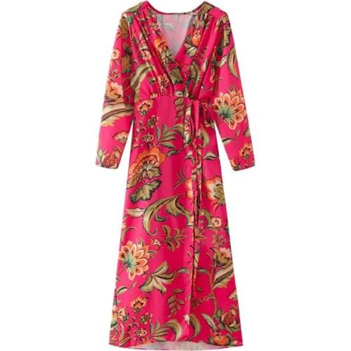 YENKYE New Fall Women Floral Print Wrap Long Dress Female Cross V Neck A-line Casual Ladies Dress Autumn Vestido