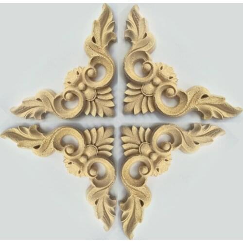 4PCS Wood Onlay Applique Wooden Oak Woodcarving Decal Wood Carved Corner Frame Furniture Decorative Sculptures 8/10/12/15CM