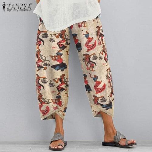 Plus Size Summer Elastic Waist Harem Pants ZANZEA Vintage Printed Long Turnip Trousers Pockets Palazzo Casual Loose Pantalon