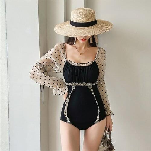 Long Sleeve One Piece Swimsuit Women Dot Chiffon Bathing Suit Ruffle Swimwear Bandeau Monokini Korea Push Up Pads Black Pleated