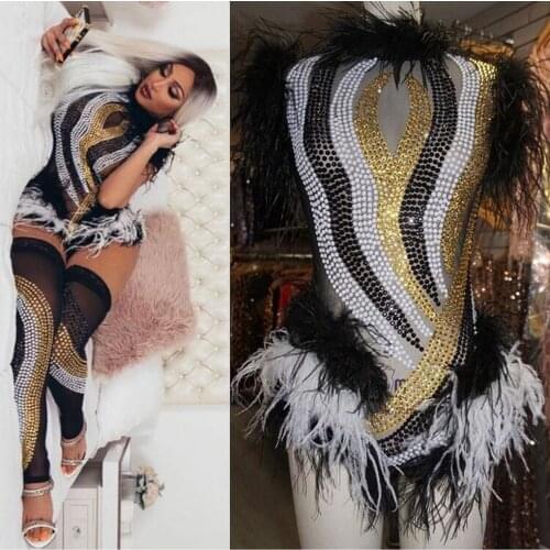 Colorful Bling Rhinestones See-through Mesh Feathers Bodysuit Lady Costume Models Catwalk Stage Outfit Bar Party Show Dance Wear