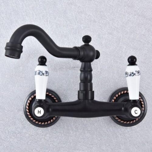 Kitchen Wet Bar Bathroom Vessel Sink Faucet Black Oil Rubbed Brass Wall Mounted Swivel Spout Mixer Tap Dual Ceramic Lever msf745