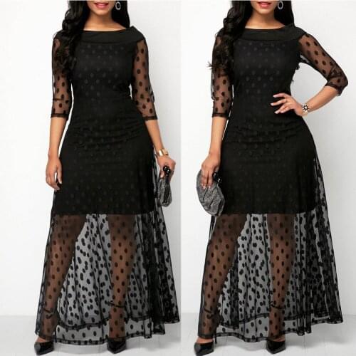 Summer Black Polka Dot Mesh Long Maxi Dress Women Beach Ladies PatchworkTulle Lace Long Dress 2021 New