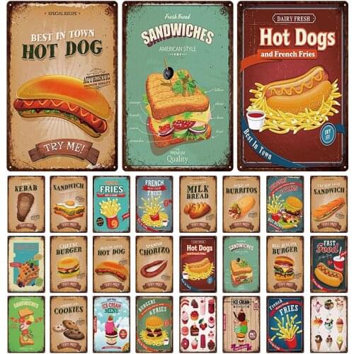 Hot Dog Hamburger Metal Sign Plaque Metal Vintage Fast Food Cake Tin Sign Wall Decor for Kitchen Cafe Diner Bar Metal Plate