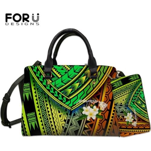 FORUDESIGNS Fashion Women Pu Handbag And Purse 2Set Polynesian Tribe And Plumeria Print Large Capacity Shoulder Sac Casual Totes