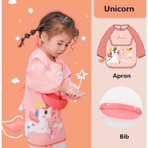Cartoon Unicorn Style Baby Waterproof Apron With Detachable Bib Children Long Sleeves Bib Kids Kitchen Baking Cake Pinafore