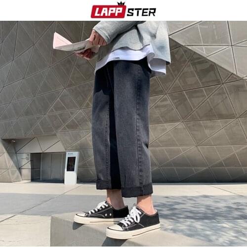 LAPPSTER Men Black Baggy Jeans 2021 Mens Harajuku Hip Hop Harem Pants Korean Vintage Oversized Denim Pants Straight Joggers