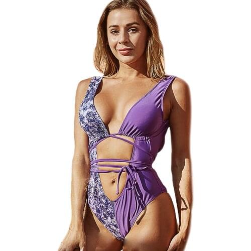 2021 New One Piece Sexy Printed Bikini Swimsuit European and American Colorblock Siamese for Women Bath Suit
