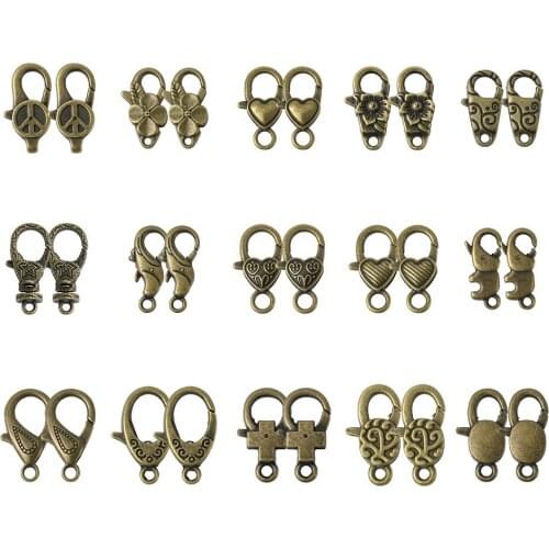 Pandahall Tibetan Style Alloy Lobster Claw Clasps Mixed Shapes Jewelry Findings for Jewelry Making DIY Antique Bronze30pcs/set