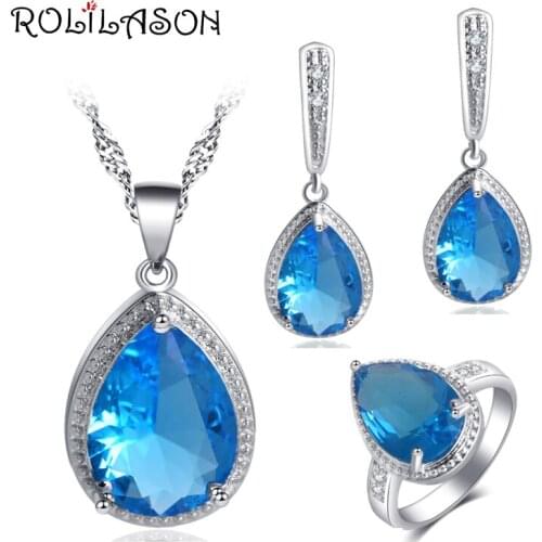 ROLILASON For Girl Romantic Light Blue Zircon Water Drop Design silver plated Stamped Earrings Necklace Rings Jewelry Sets JS745
