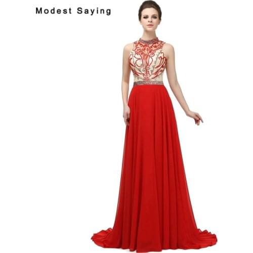 Sexy Backless Red A-Line High Neck Beaded Evening Dresses 2017 Formal Women Blue Birthday Party Prom Gowns vestidos de festa