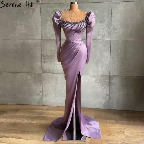 Serene Hill Purple High Split Mermaid Evening Dresses Gowns 2021 Elegant Satin Beading For Women Party LA71090