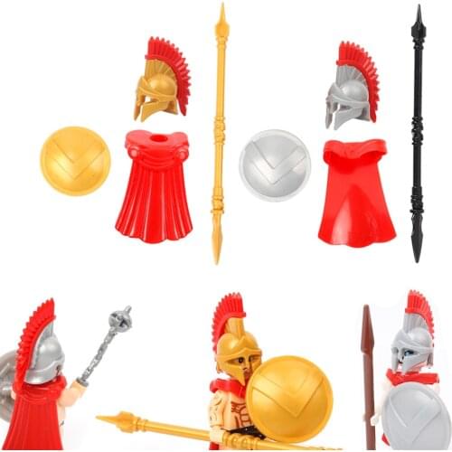 DIY Middle Ages Helmet Cloak Shield Spear Rome Crusader Golden Knight Spartan Warrior Castle Rider MOC Building Block Brick Toys