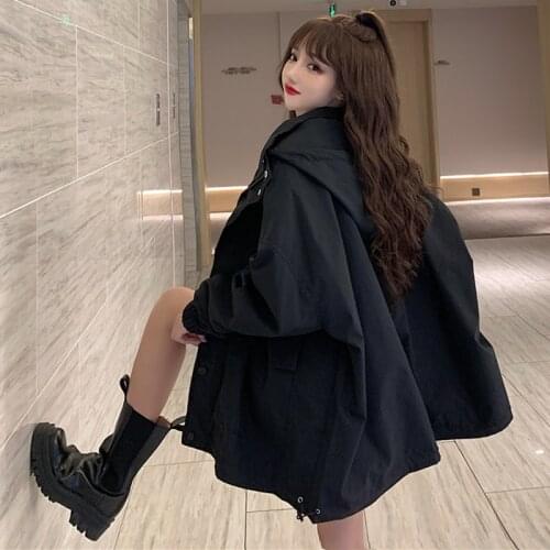 Women Trench Coat Spring Fall Oversized Solid Simple Hooded Loose Korean Fashion Outerwear Student Streetwear Casual Windbreaker