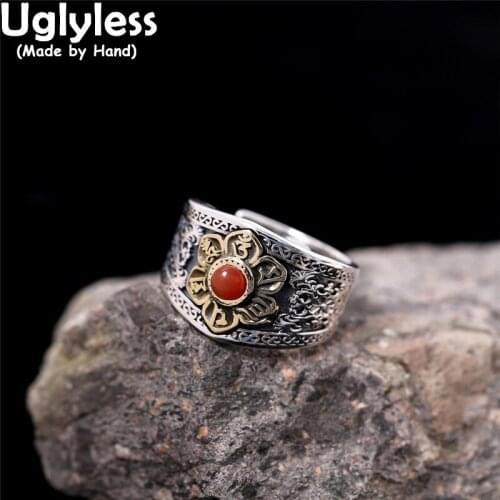 Uglyless Buddhistic 6-word Mantra Lotus Flower Rings for Women Natural Agate Religious Gifts Jewelry Real 925 Silver Open Rings