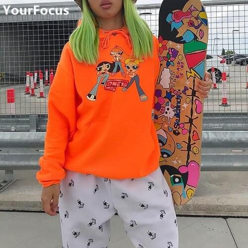Streetwear harajuku kpop kawaii friends hat hoodie fluorescent color cartoon Power Girls loose hoodies women and men